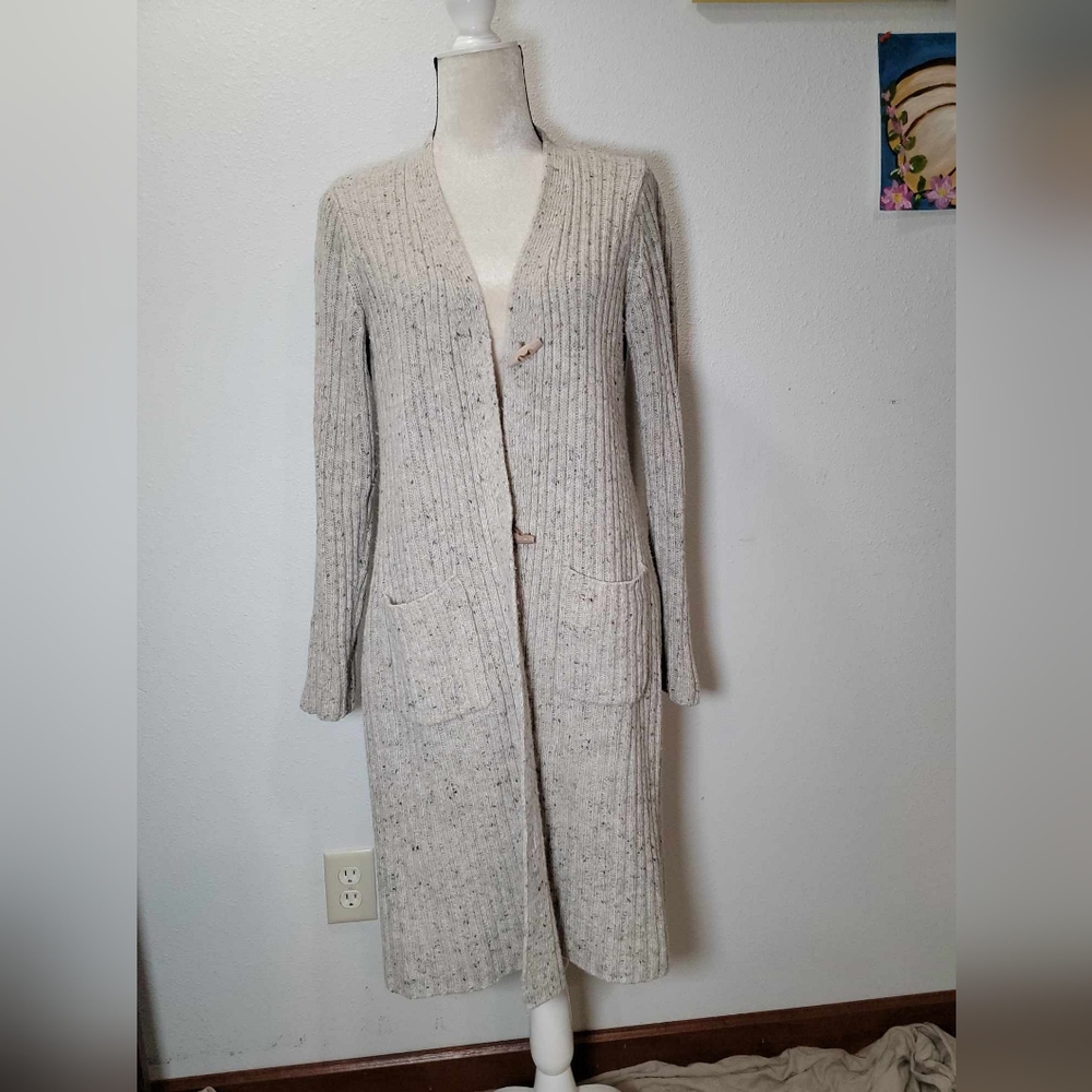 Ruff Hewn Duster Cardigan Long Sz M Wool Ribbed Knit Sweater Cream Cabin Cozy